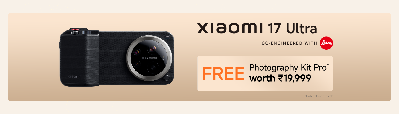 Xiaomi 17 Ultra camera featuring Leica technology. Promotion includes a free Photography Kit Pro valued at ₹19,999, with limited stocks available.