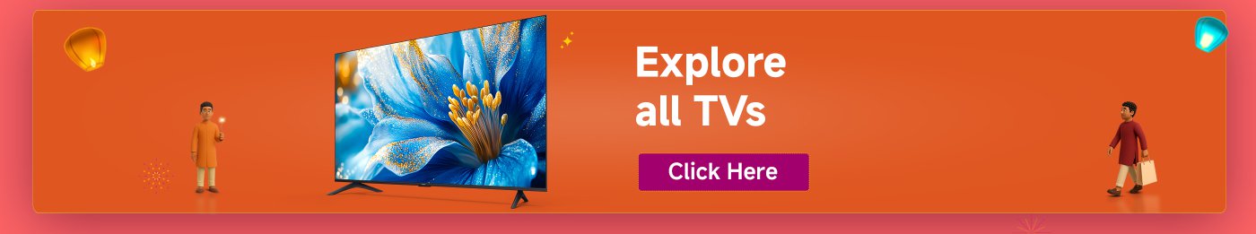 A television displaying blue flowers, next to it are two characters, one holding a shopping bag and the other holding a torch, with a purple background. The text content reads "Explore all TVs" and "Click Here".