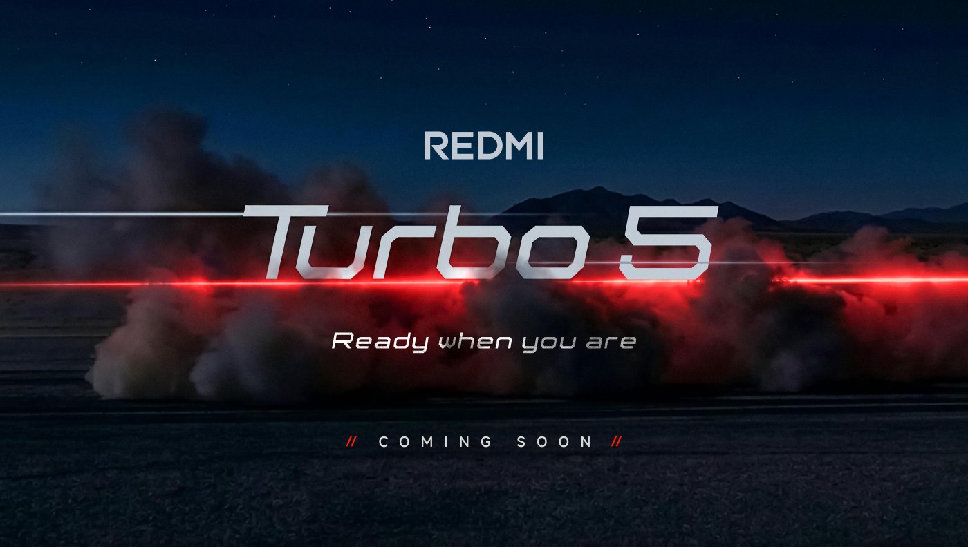 A promotional image featuring the text "REDMI Turbo 5" with the tagline "Ready when you are" and "COMING SOON" at the bottom. The background displays a smoky scene, hinting at speed or action, with a nighttime sky and mountains in the distance.