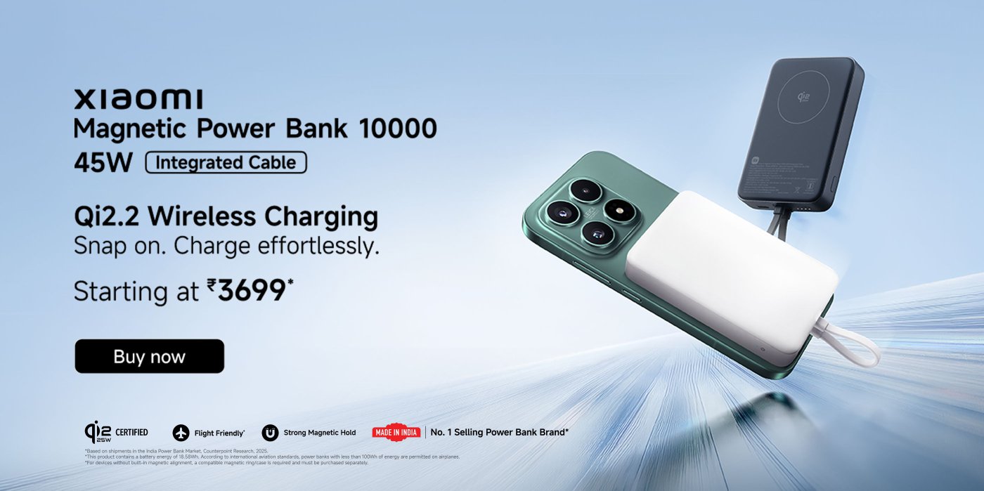 Xiaomi Magnetic Power Bank 10000 with 45W integrated cable, featuring Qi2.2 wireless charging for effortless charging. Starting at ₹3699. The design includes a smartphone and the power bank is shown in action, emphasizing its portability and ease of use.