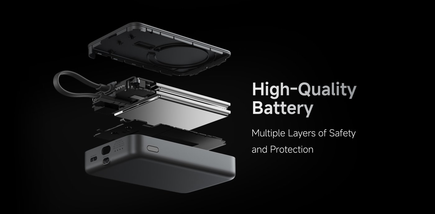 A sleek power bank is depicted, featuring 45W wired charging and a capacity of 10,000 mAh. It is shown hovering above a hand, emphasizing its portability and power. The text highlights the product's capability to meet bigger power demands.