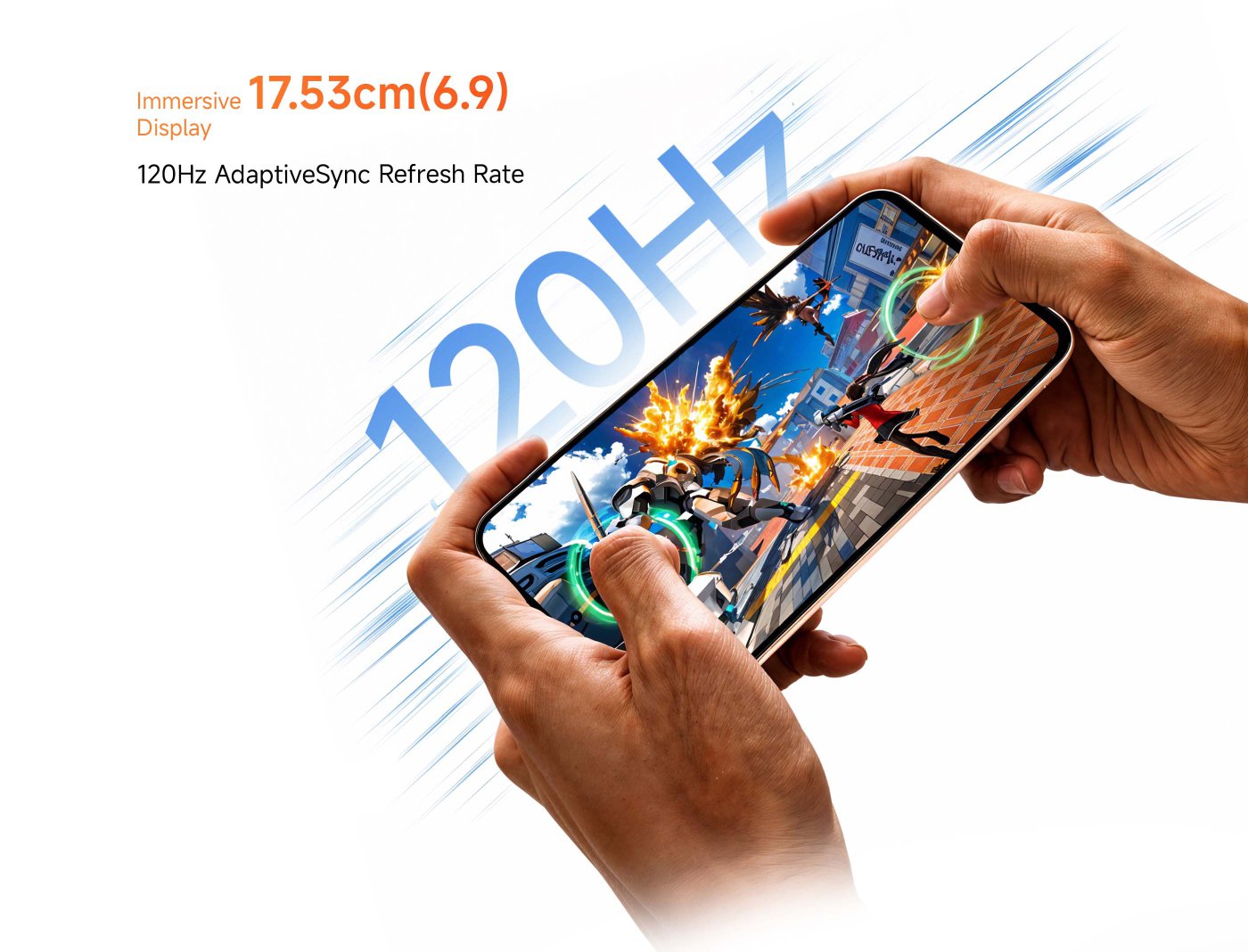 The smartphone screen displays a game, and the user is operating it with both hands. The screen size is 17.53 cm (6.9 inches) and supports a 120Hz adaptive refresh rate. The background has dynamic effects that highlight "120Hz."
