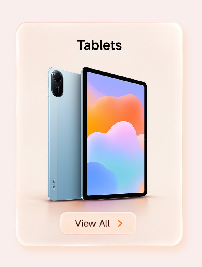 A tablet is displayed, with the back of the device on the left side and the screen on the right side, set against a soft-toned background. There is a title "Tablets" at the top and a button "View All" at the bottom.