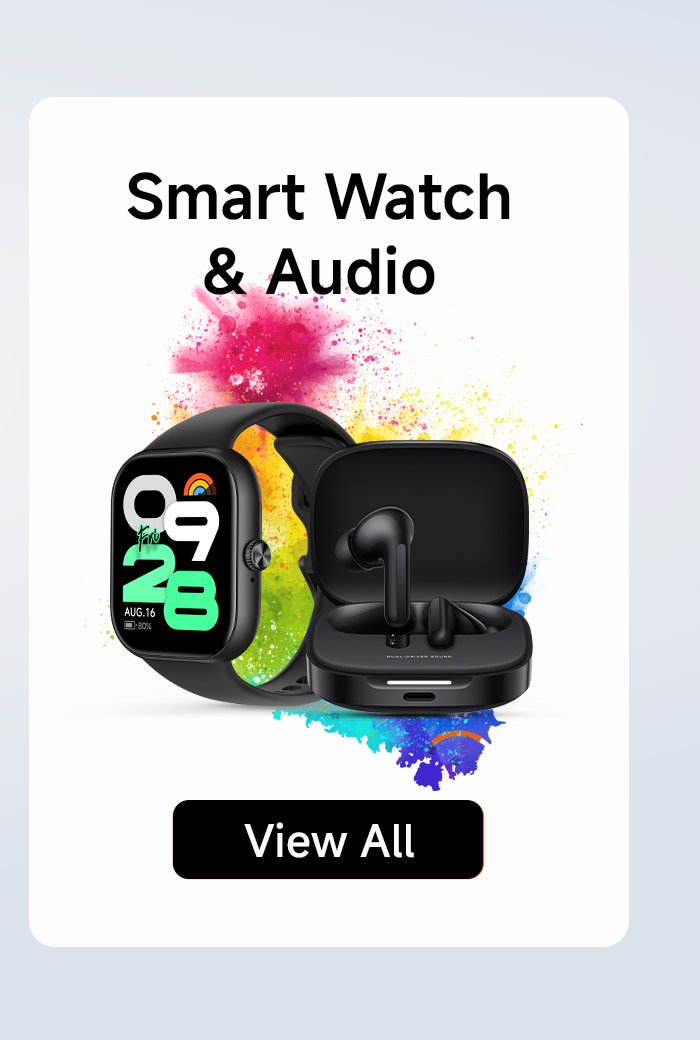 A smart watch and headphones are showcased, set against a colorful graffiti effect in the background. There is a "View All" button at the bottom.