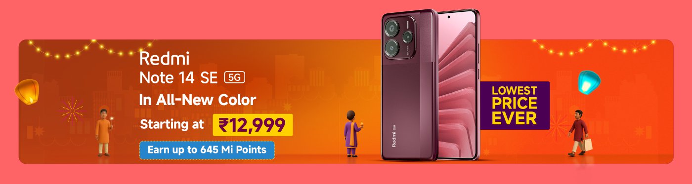 The Redmi Note 14 5G phone is launched in a new color, starting at ₹12,999, marking the lowest price. The background features festive lights and several character images, creating a lively atmosphere.