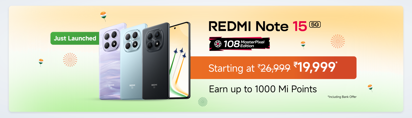The advertisement showcases the newly launched Redmi Note 15 5G smartphone, featuring a 108 MasterPixel edition camera. The price starts at ₹19,999, down from ₹26,999, and customers can earn up to 1000 Mi Points. There are three color variants displayed: purple, blue, and black.