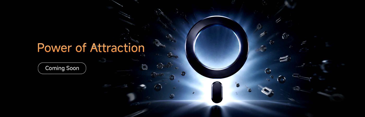The image features a visually striking design with the text "Power of Attraction" prominently displayed in orange. Below, there is a button labeled "Coming Soon." The background is a dark gradient with dynamic visual elements radiating from a circular shape, creating an energetic and futuristic atmosphere.