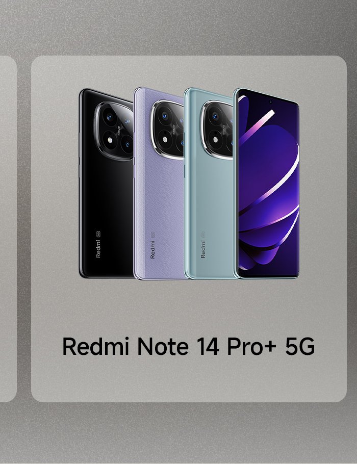 It showcases four different colors of the Redmi Note 14 Pro+ 5G phone, with a simple gray background. The phones include black, purple, and green variants.