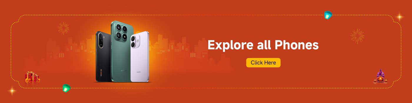 A promotional banner featuring three smartphones in different colors against an orange background. The text invites viewers to "Explore all Phones" with a clickable button saying "Click Here." Decorative elements include gift boxes and festive motifs.