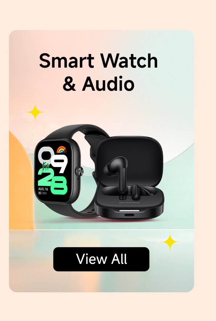Showcased is a smart watch and a pair of wireless earphones, with a soft color tone in the background, and the text content reads "Smart Watch & Audio" and "View All".