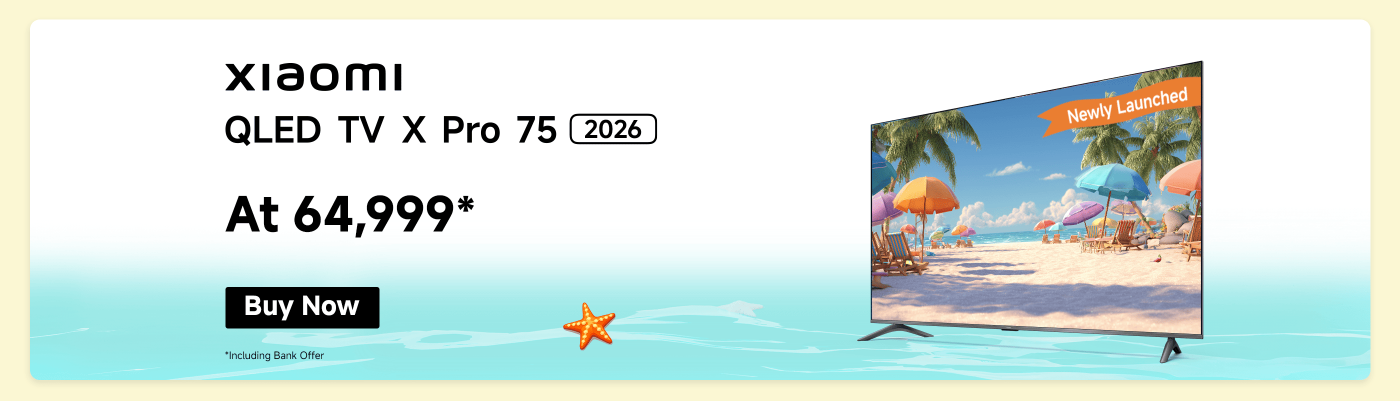 Xiaomi QLED TV X Pro 75 (2026) with vibrant colors displayed on the screen, priced at ₹64,999. It features a "Newly Launched" label and a "Buy Now" button.