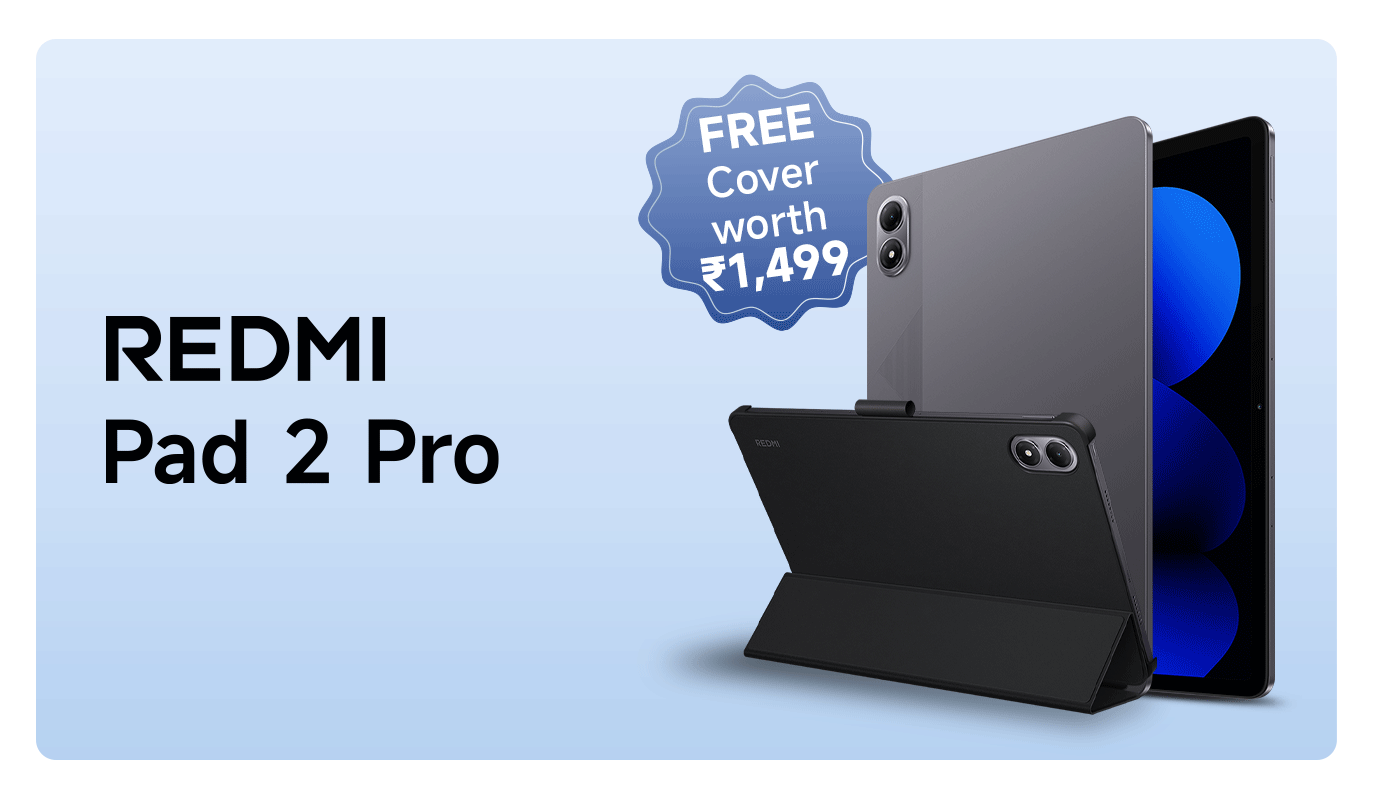 The REDMI Pad 2 Pro tablet is showcased, with visible designs on the front and back. Next to it is a black protective case labeled with the text "Free, valued at ₹1,499." The background is light blue.