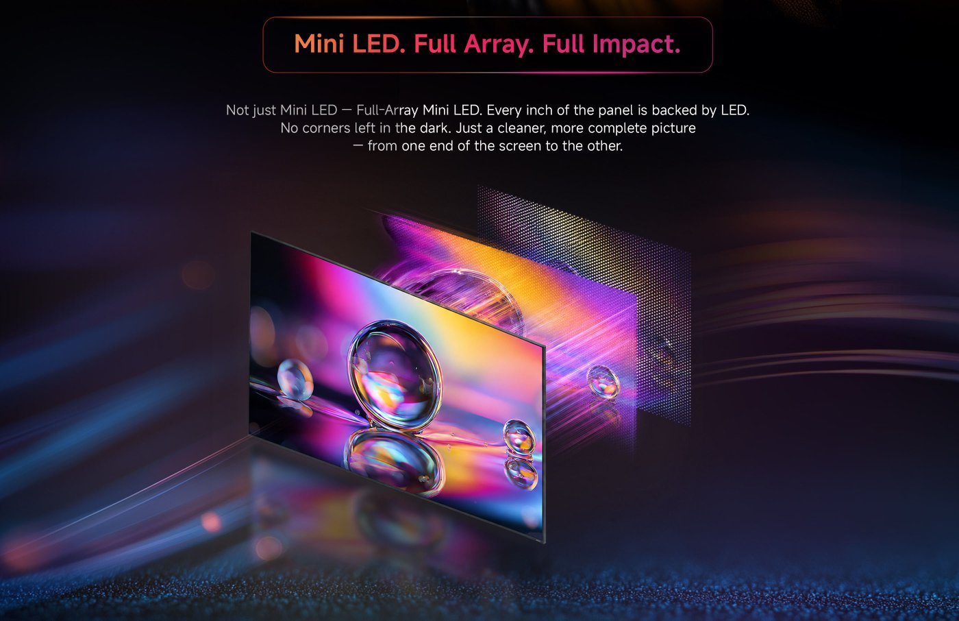 The promotional image for the Xiaomi TV FX Mini LED series showcases the television and its features, including the words "QD Mini LED" and "QUANTUM MAGIQ." The background features a golden gradient, and the TV screen displays vibrant images. It is set to be released on June 4, 2026.