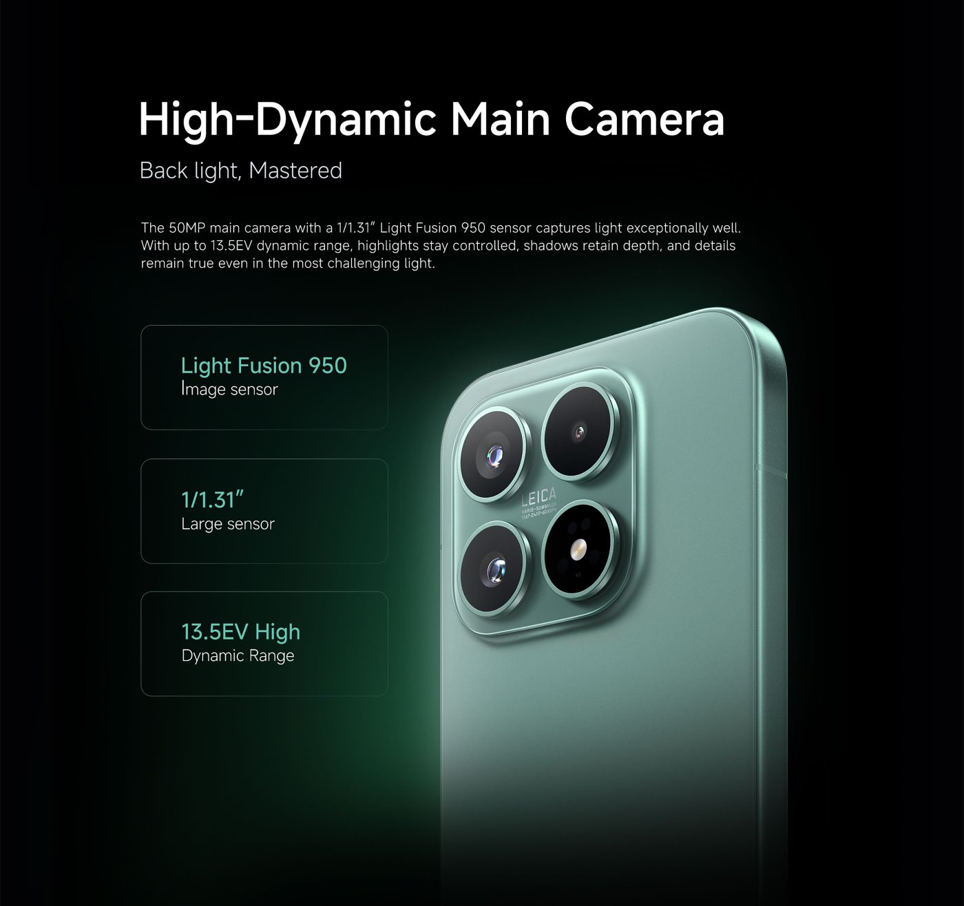 The image highlights a high-dynamic main camera featuring a 50MP sensor with a 1/1.31” Light Fusion 950. It emphasizes its ability to capture light effectively, offering up to 13.5EV dynamic range to maintain control over highlights and shadows, ensuring details are preserved in challenging lighting conditions.