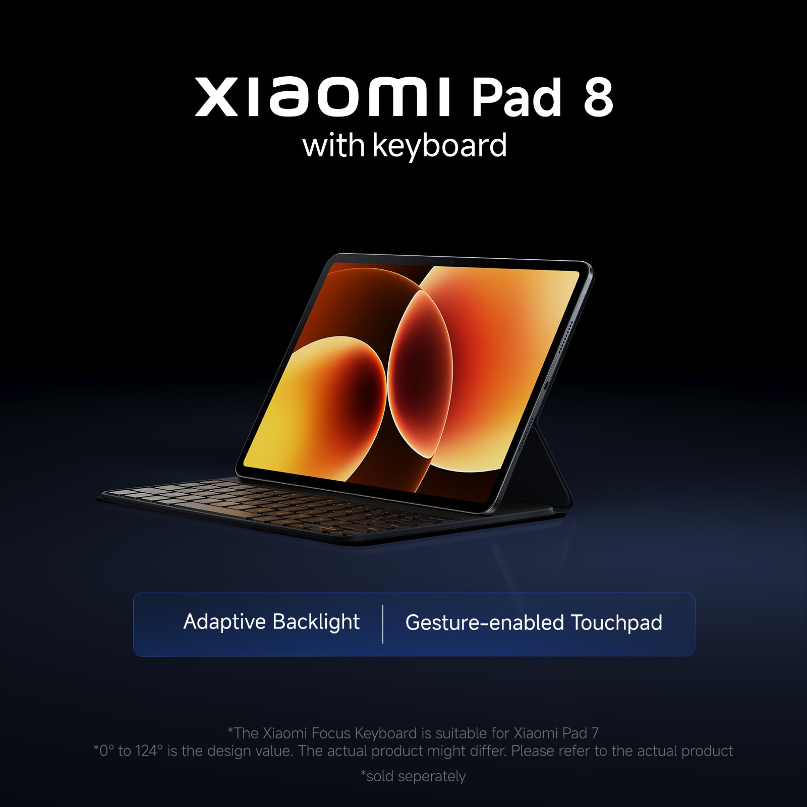 The Xiaomi Pad 8 showcases its combination with a keyboard, featuring adaptive backlighting and a touchpad that supports gestures. The background is dark, and the product design emphasizes its modernity and functionality.