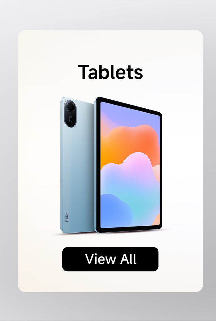 A blue tablet and a smartphone are displayed side by side, with a light-colored background. The top has the text "Tablets," and the bottom has a "View All" button.