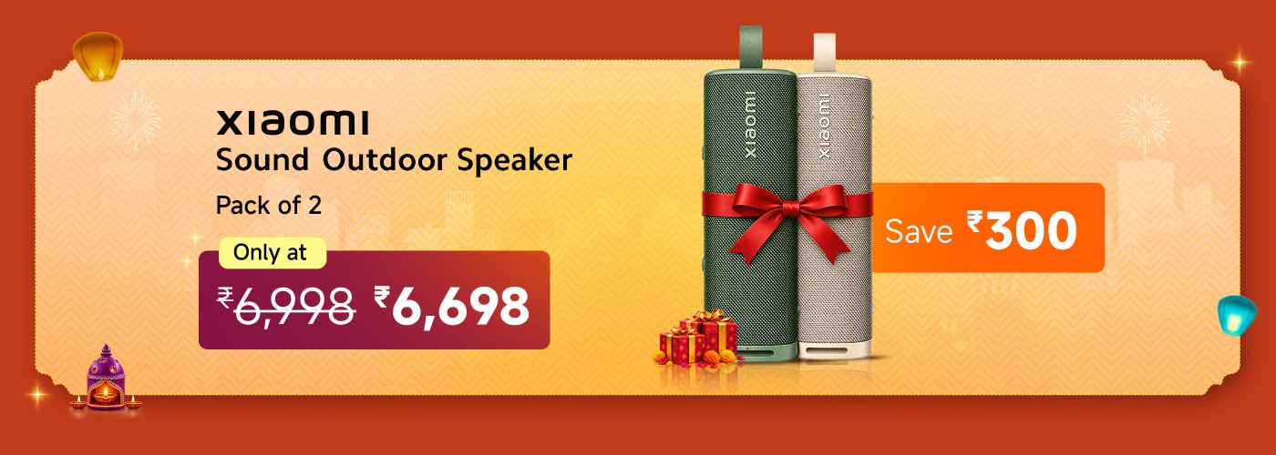 A Xiaomi outdoor speaker, in a set of two, available in green and gray, with a red ribbon decoration in the center. The promotional information indicates a savings of 300 rupees, with the price reduced from 6998 rupees to 6698 rupees. The background features festive elements, creating a celebratory atmosphere.