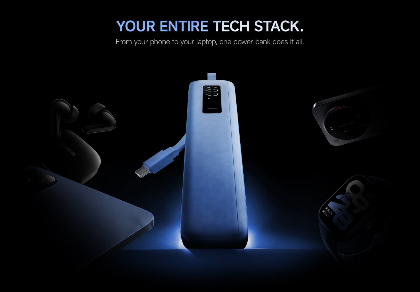 A blue power bank, marked with "67W" and "20000", with a black background. The text includes "NEVER MISS A MOMENT" and "67W Turbo Charging That Keeps Pace with Your Day".