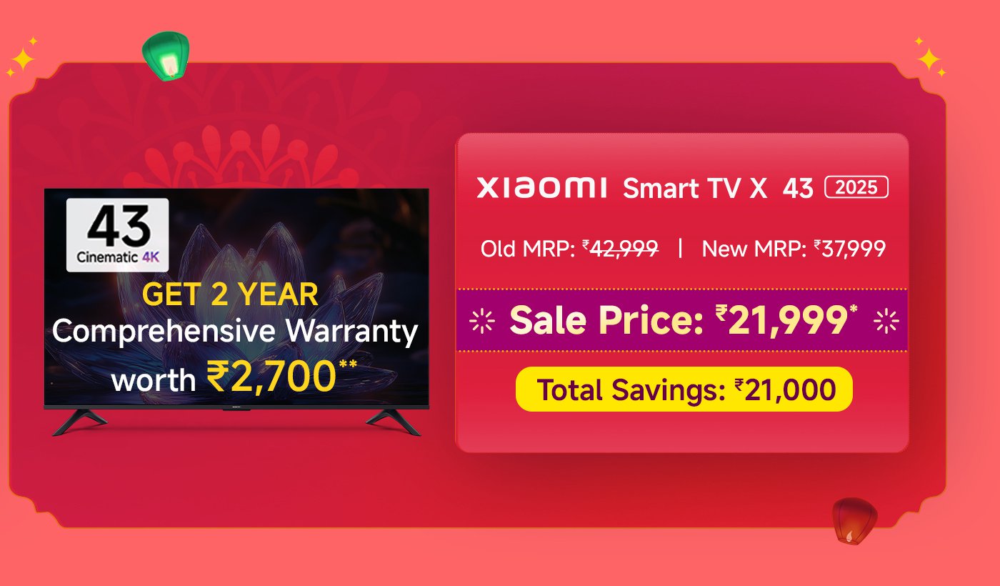 Xiaomi Smart TV X Series 43, old price ₹42,999, new price ₹37,999, promotional price ₹21,999, savings ₹21,000. The TV screen displays 43 inches and has 4K quality.