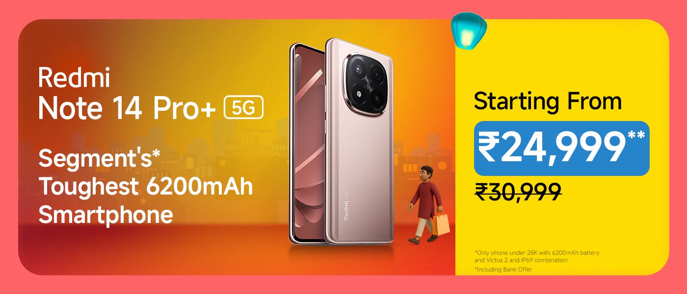 The Redmi Note 14 Pro+ 5G is marketed as "the industry's most robust 6200mAh smartphone." The starting price is ₹24,999, down from the original price of ₹30,999. The background features an urban landscape, with a pedestrian walking by.
