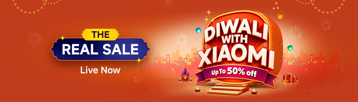 Promotional advertisement with the content "DIWALI WITH XIAOMI", stating "Up to 50% off", and showing "THE REAL SALE now live". The background is orange, accompanied by festive elements and decorations.