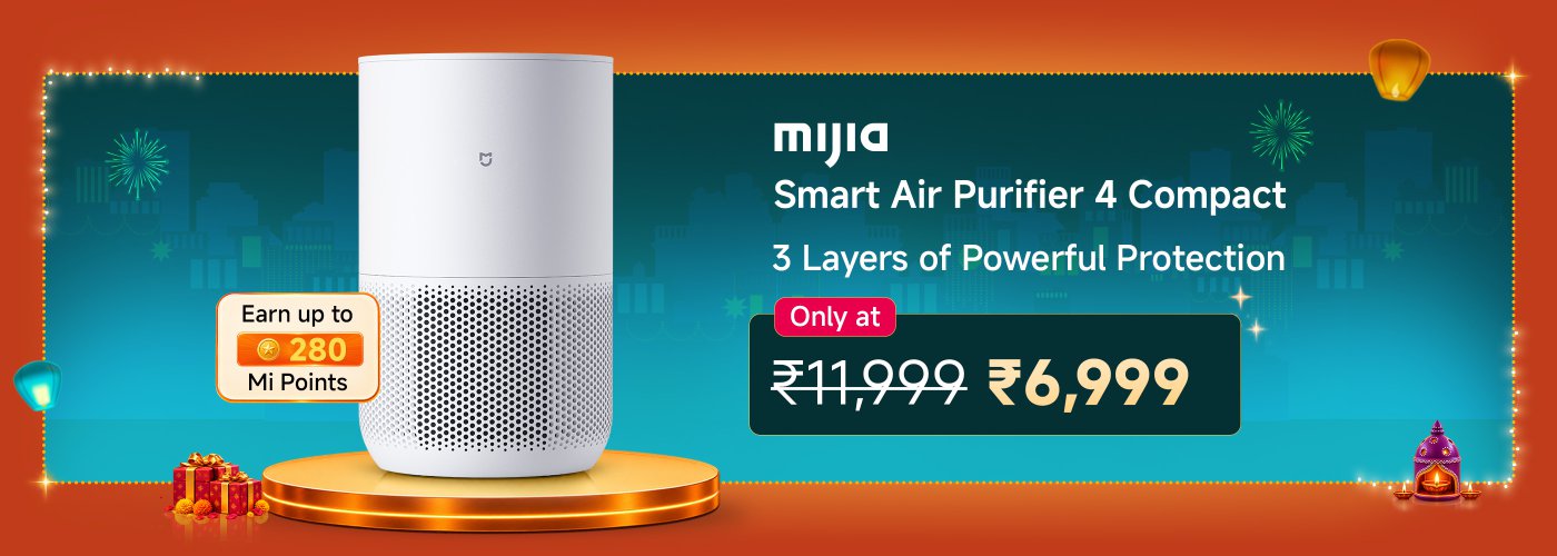 The image features a Mijia Smart Air Purifier 4 Compact, promoting it with a discount. The purifier is priced at ₹6,999, down from ₹11,999, and users can earn up to 280 Mi Points. The background includes festive decorations, suggesting a celebratory theme.
