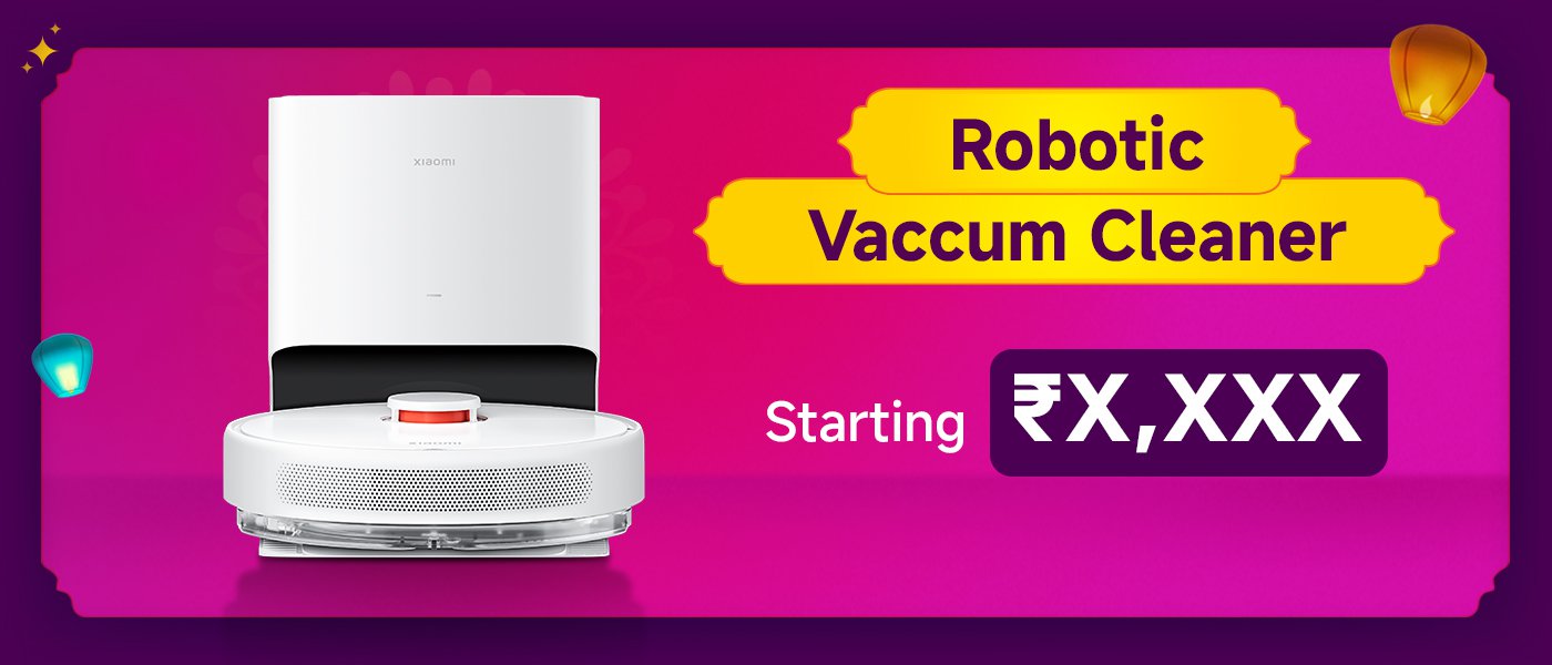 Xiaomi brand robotic vacuum cleaner display, with a purple background and decorative lights, text content includes "Robotic Vacuum Cleaners" and "Starting ₹X,XXX".