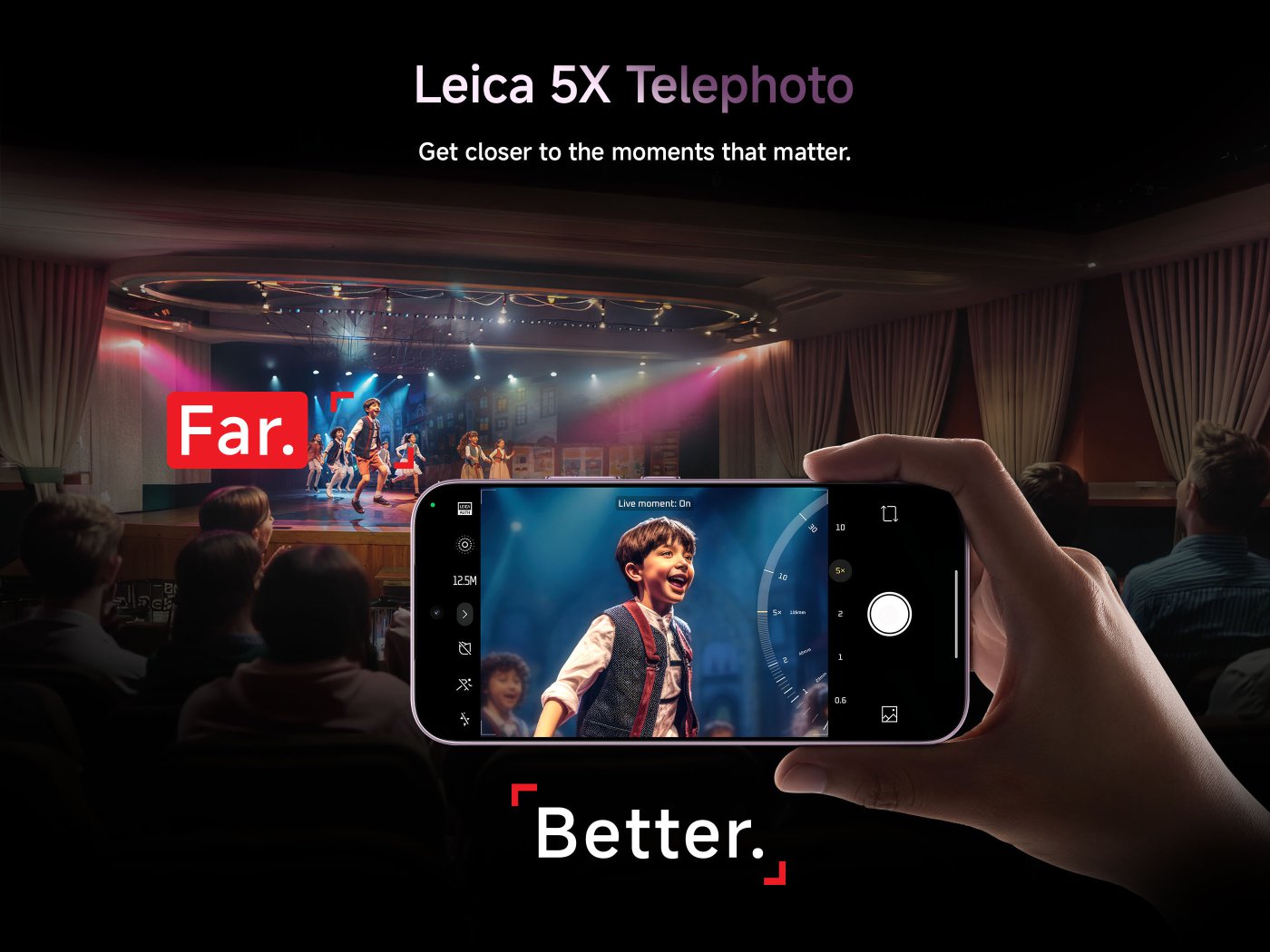 A smartphone was used to capture a performance, showcasing the performers on stage. The screen displays the words "Far." and "Better.", emphasizing the phone's 5x telephoto photography feature. The background is a brightly lit theater.