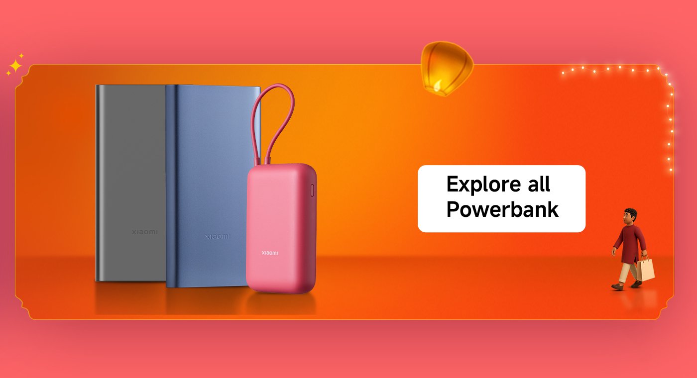 Three Xiaomi brand power banks are available in black, blue, and pink, set against an orange patterned background, with the English text "Explore all Powerbank" on the right side.