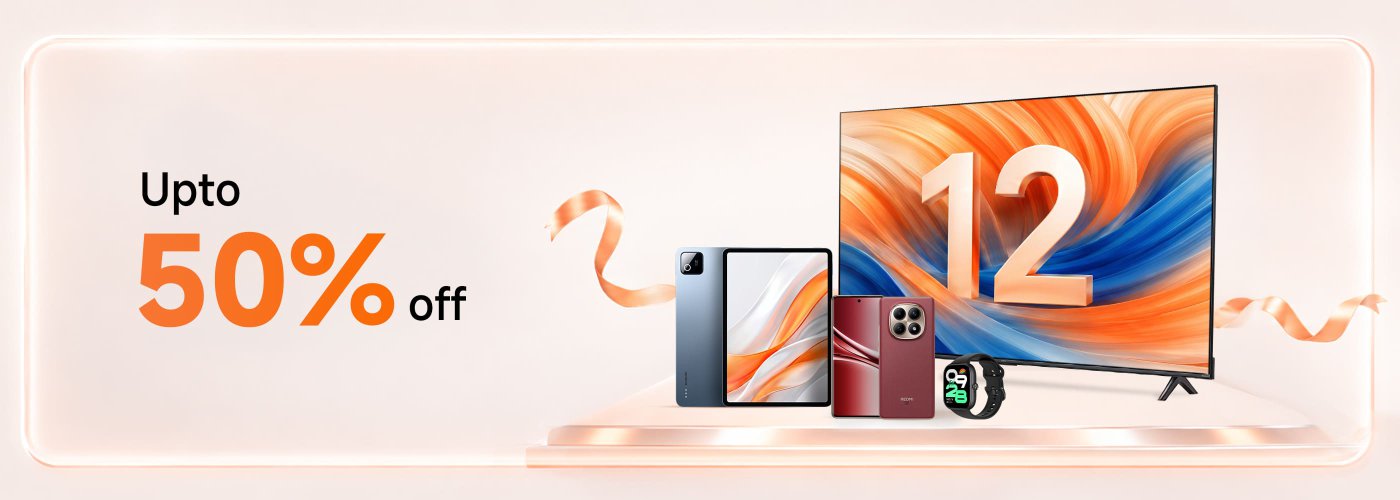 Promotional banner featuring electronic products with a discount of up to 50%. Items displayed include two smartphones, a tablet, a smartwatch, and a television with the number "12" prominently featured. The background features a soft gradient design.