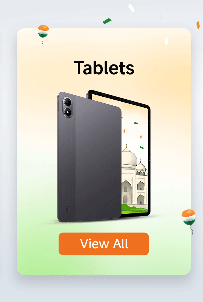 A tablet is showcased, with an image of a landmark building in India in the background, and celebratory elements at the top. There is a "View All" button at the bottom.