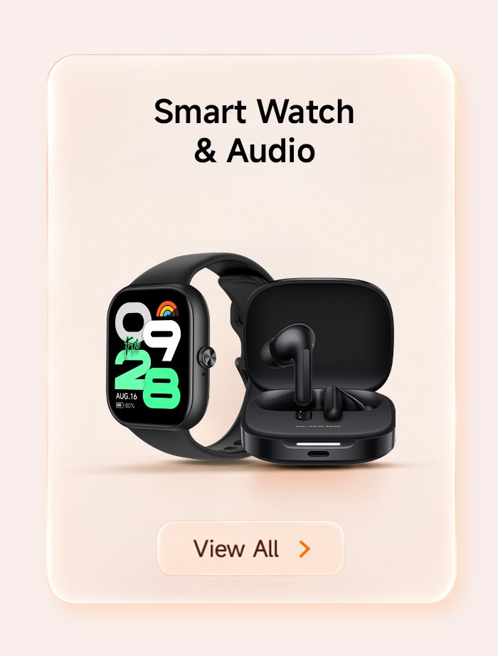 A smart watch and a pair of headphones are displayed against a soft background, with the top text reading "Smart Watch & Audio" and a "View All" button at the bottom.