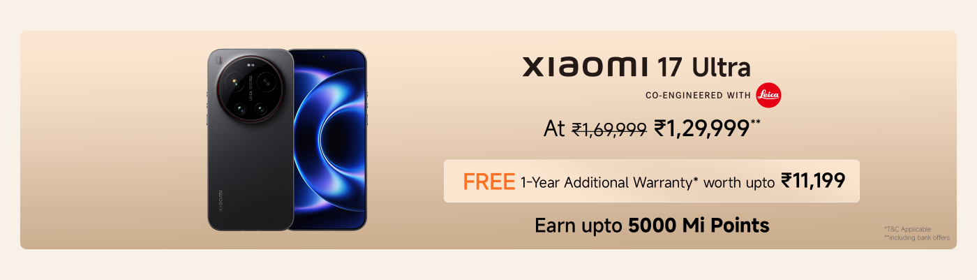 The Xiaomi 17 Ultra camera is priced at ₹1,29,999 (originally ₹1,69,999). It includes a free Photography Kit Pro worth ₹19,999. Customers can earn up to 5000 Mi Points. Limited stocks available, including bank offers.