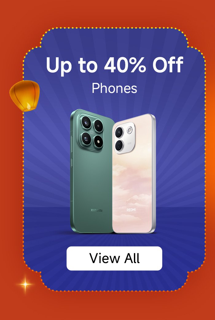 The advertisement showcases two mobile phones, with the green phone on the left and the light pink phone on the right. The text reads "Up to 40% off on mobiles," and there is a "View All" button. The background features a radial design in orange and purple.