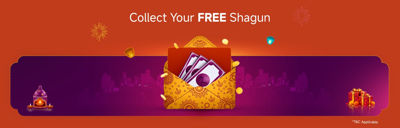 An advertisement inviting users to collect their free Shagun, featuring an ornate envelope with cash inside. The background includes festive decorations like gifts and lamps, set against a vibrant orange backdrop.