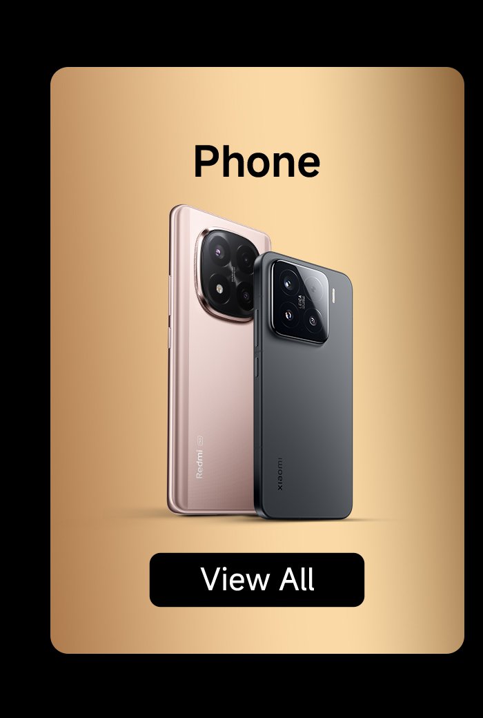 Two mobile phones are displayed side by side, one is a golden Redmi and the other is a black Xiaomi, with a golden background and a "View All" button at the bottom.