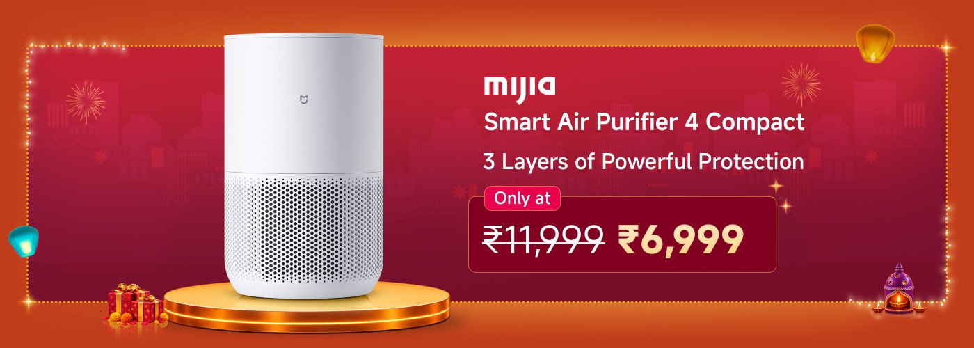 Mijia Smart Air Purifier 4 Compact is featured prominently, highlighting its three layers of powerful protection. The original price is ₹11,999, but it's currently offered at a discounted price of ₹6,999. The background includes festive elements, suggesting a celebratory theme.