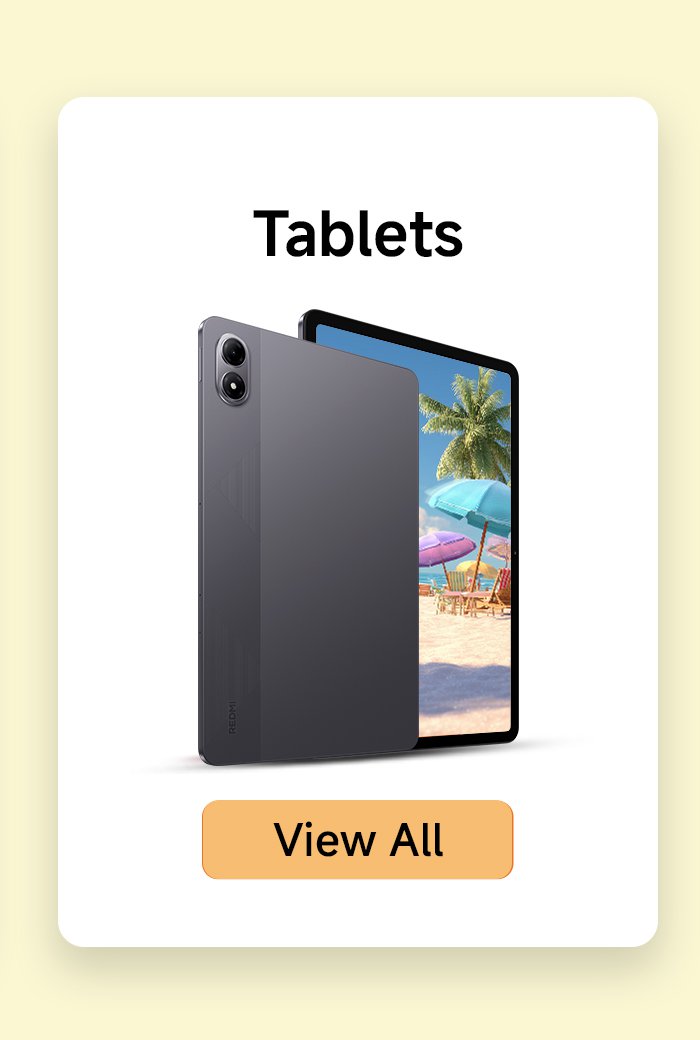 An advertisement showcasing a tablet, with the back of the tablet on the left side and a beach scene displayed on the tablet screen on the right side. At the top, there is the word "Tablets," and at the bottom, there is a "View All" button.