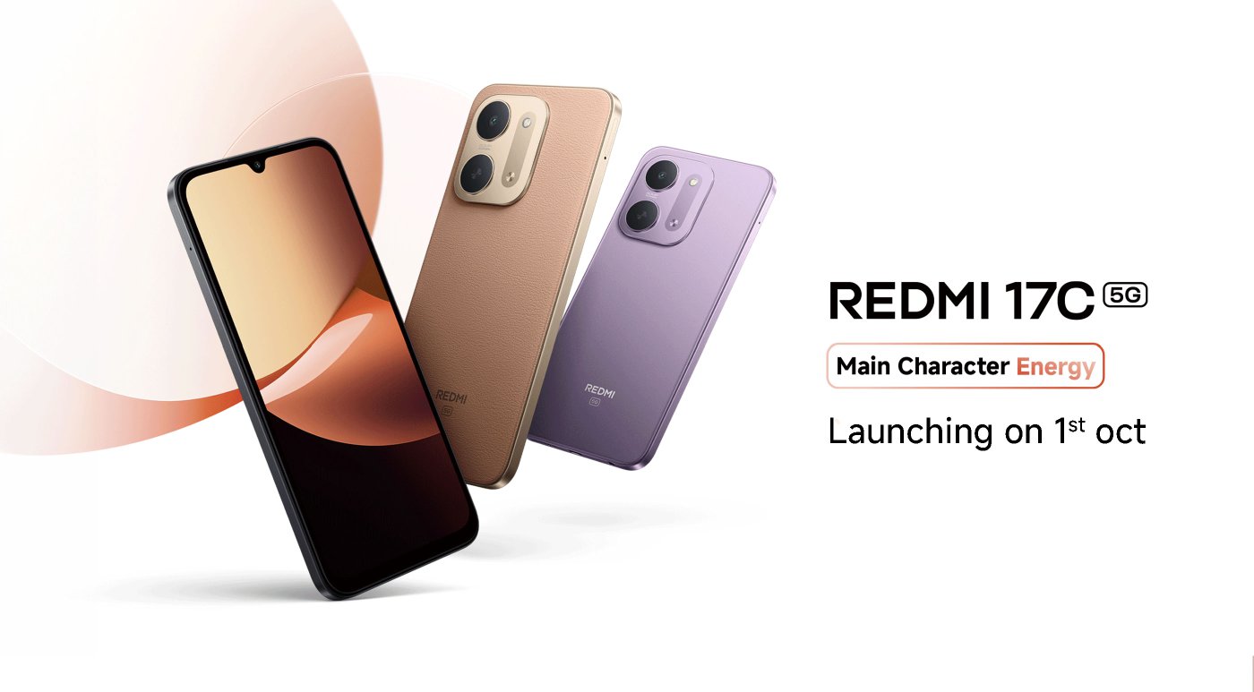 A set showcased images of three REDMI 17C 5G phones, featuring different colored devices, with a simple gradient color design in the background. The text label reads "Main Character Energy."