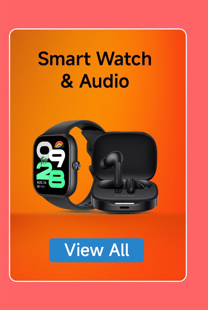 Smart Watch & Audio, showing a smart watch and a pair of headphones, with a "View All" button below.