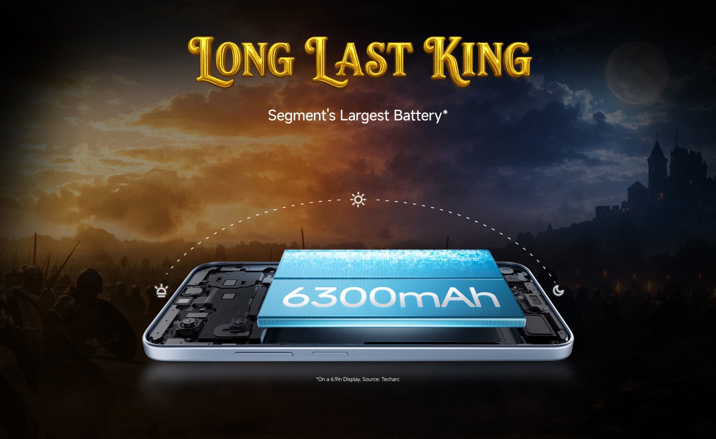 An advertisement featuring the "Multitas-King" processor, highlighting its octa-core and 5G capabilities. The processor is depicted with glowing edges, set against a dramatic background that suggests speed and performance. Text indicates it is the "Segment's Fastest Processor."