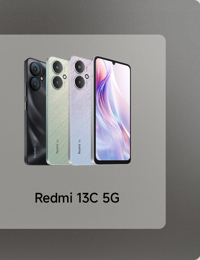 It showcases four different colors of the Redmi 13C 5G phone, with black and green on the left side, and purple and display screen on the right side. At the bottom, there is the text "Redmi 13C 5G."