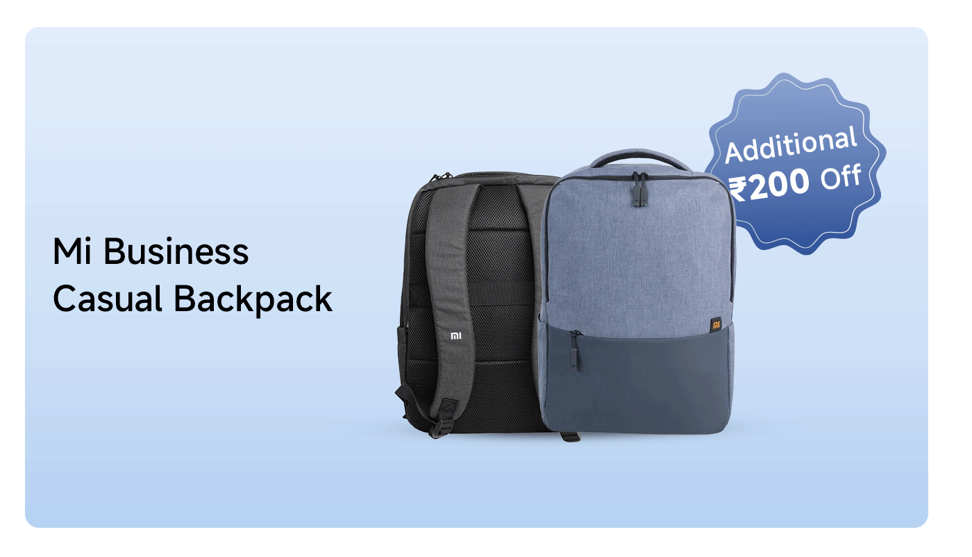 A Mi business casual backpack is showcased, available in two colors, with a light blue background and "Extra Discount ₹200" displayed in the top right corner.