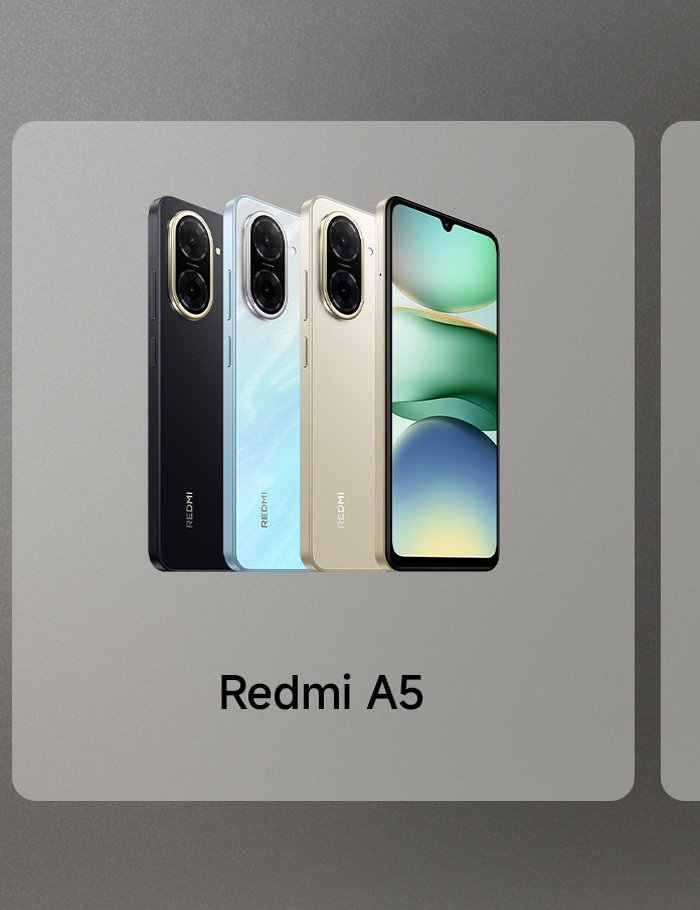 It showcased four models of the Redmi A5 phone, available in black, blue, white, and gold, with the screen displaying the phone's interface.