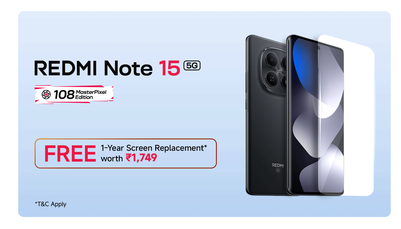 REDMI Note 15 5G phone display, with a transparent screen protector next to it. The promotional text states "Free 1 year screen replacement, worth ₹1,749," with "*Terms and conditions apply" at the bottom.