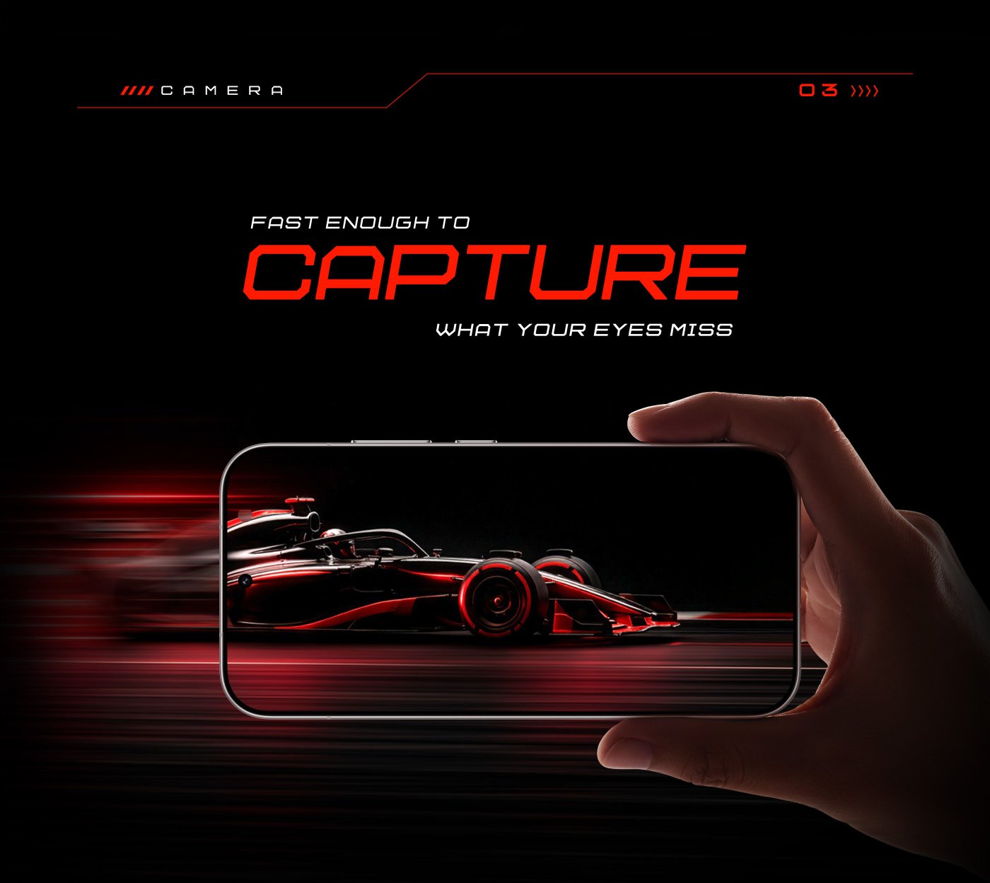 A hand holding a smartphone displays a sleek racing car in motion, surrounded by a dynamic background with red and black tones. The text emphasizes the camera's speed and capability to capture moments that the eye might miss.