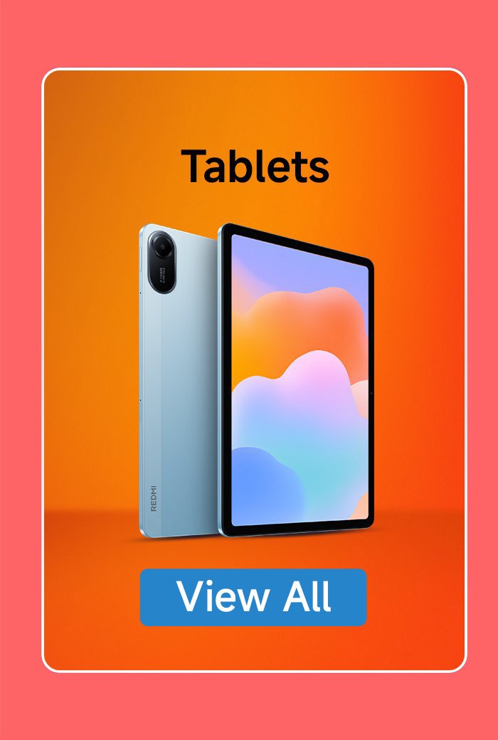 A blue tablet and a red smartphone are placed side by side, with an orange gradient background. The top has the word "Tablets," and the bottom has a "View All" button.