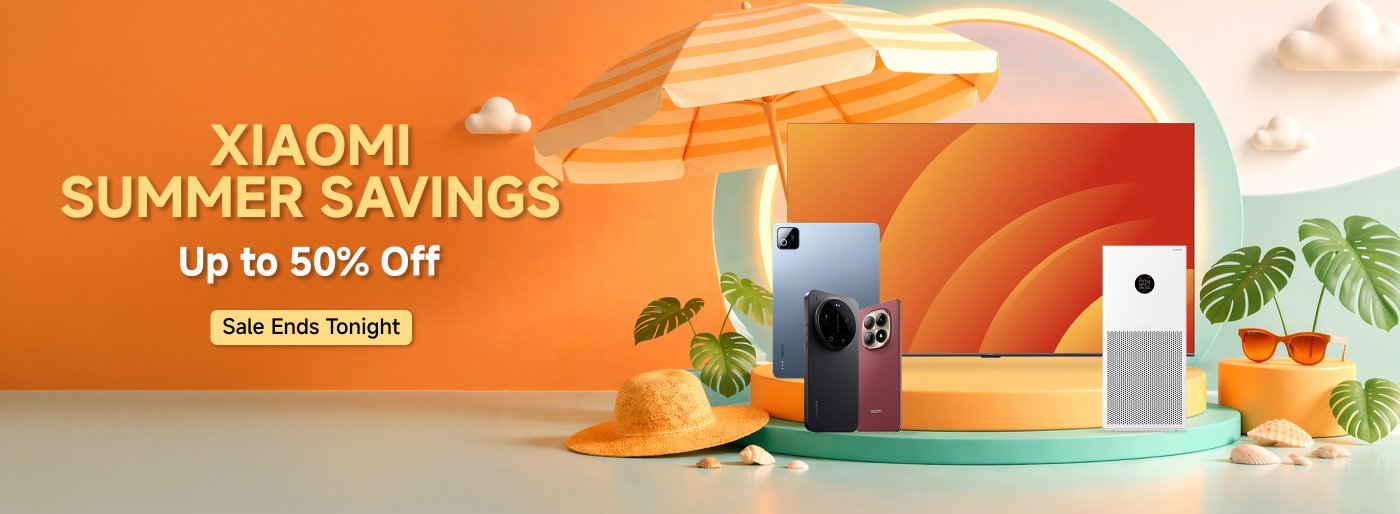 Xiaomi's summer promotion offers discounts of up to 50%. The promotion will end tonight. The background features a television, several smartphones, and air purifiers, along with sun umbrellas, straw hats, and decorations.