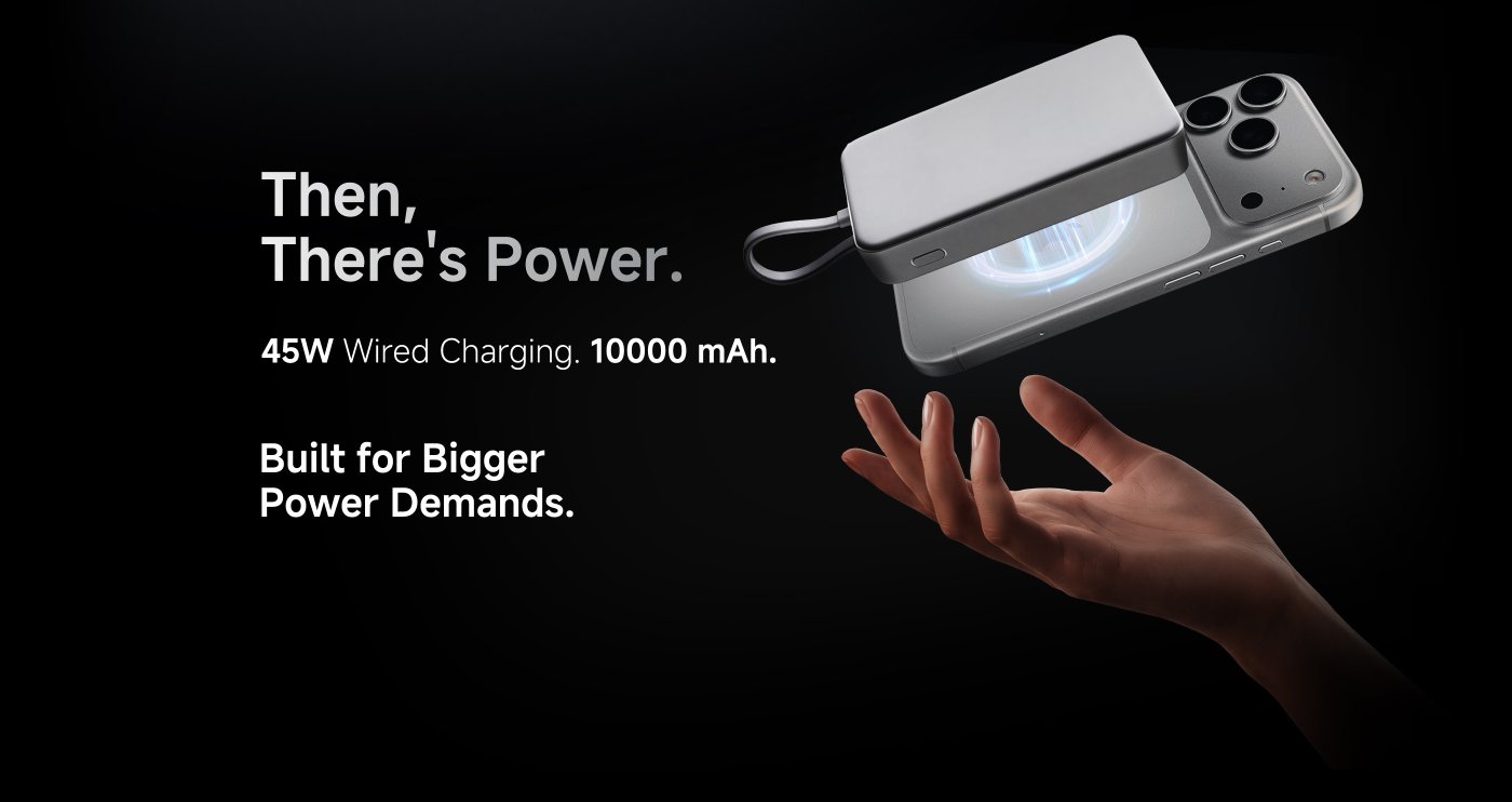 A sleek power bank is depicted, featuring 45W wired charging and a capacity of 10,000 mAh. It is shown hovering above a hand, emphasizing its portability and power. The text highlights the product's capability to meet bigger power demands.