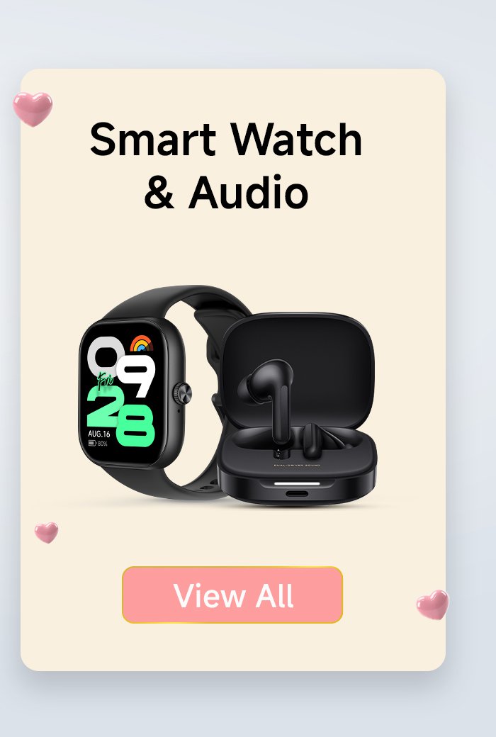 The promotional image of the smart watch and audio device showcases a smart watch and a pair of wireless earbuds. At the bottom, there is a "View All" button.
